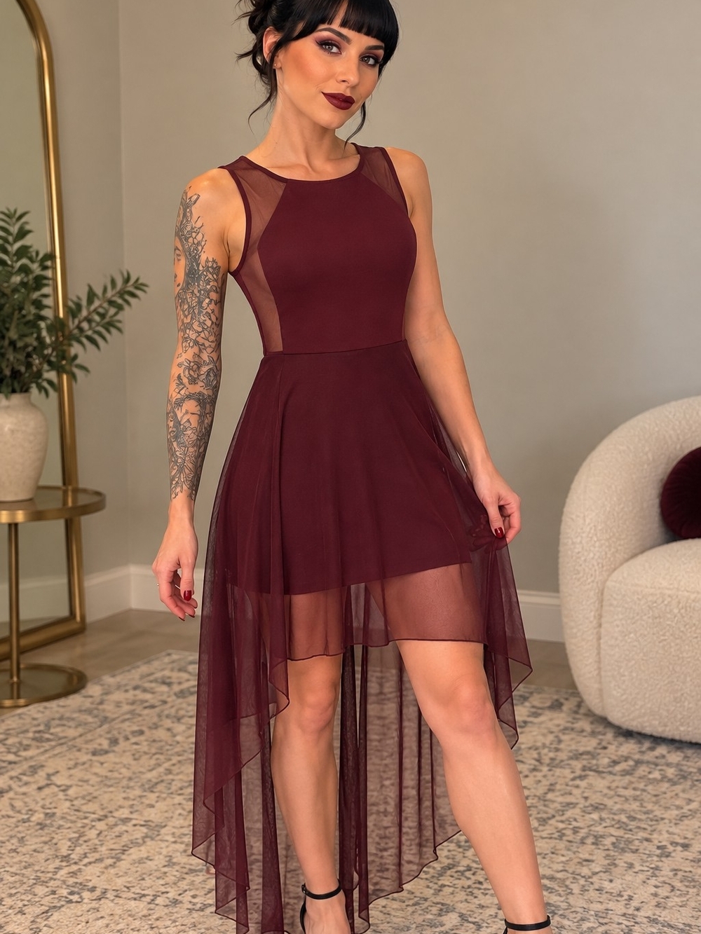 Xhilaration Burgundy Mesh High-Low Dress